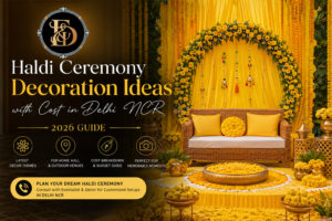 A promotional graphic titled "Haldi Ceremony Decoration Ideas with Cost in Delhi NCR: 2026 GUIDE". The right side displays a vibrant traditional Indian wedding setup featuring a yellow draped backdrop, a large arch made of yellow marigold flowers, hanging decorative bells, and a woven wicker sofa with yellow pillows. In front of the sofa sits a large brass urli bowl filled with marigold petals. The left side has a dark overlay featuring a circular "ED" logo and icons detailing "Latest Decor Themes," "For Home, Hall & Outdoor Venues," "Cost Breakdown & Budget Guide," and "Perfect for Memorable Moments." A yellow banner at the bottom reads "PLAN YOUR DREAM HALDI CEREMONY: Consult with Eventalist & Decor for Customized Setups IN DELHI NCR."