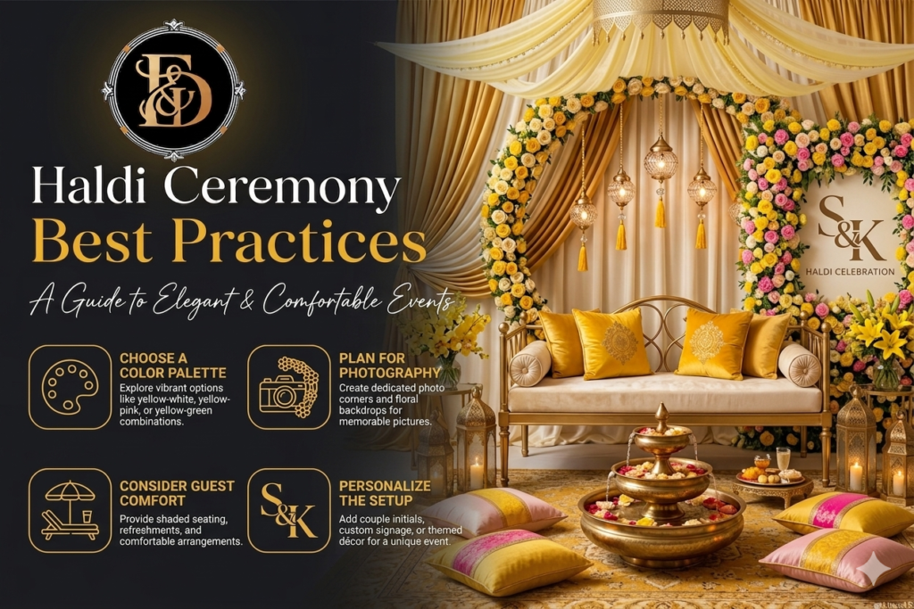 A promotional graphic titled "Haldi Ceremony Best Practices: A Guide to Elegant & Comfortable Events." The right side features a luxury Indian wedding setup with gold and white drapes, a circular marigold floral arch, hanging crystal lamps, and a gold metal sofa with yellow cushions. Floor seating includes pink and yellow cushions around a tiered brass urli bowl. On the left, a dark overlay includes the "ED" logo and a 4-point grid detailing event tips with icons: "Choose a Color Palette," "Plan for Photography," "Consider Guest Comfort," and "Personalize the Setup." Custom "S&K" branding appears on the backdrop and under the personalization icon.