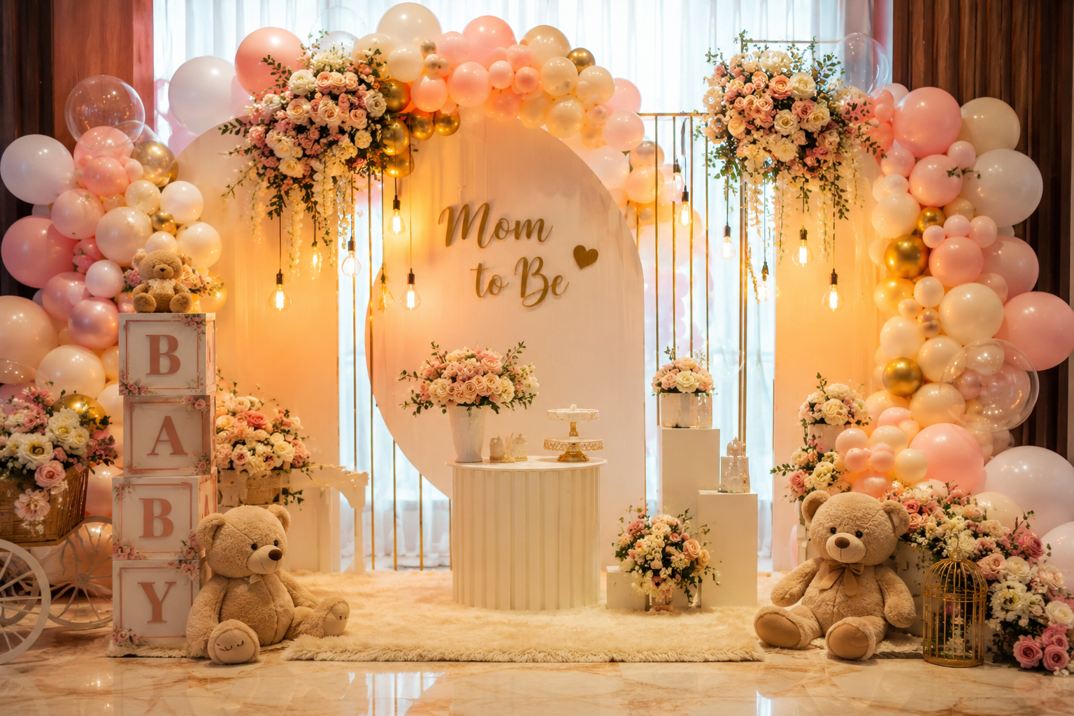 Baby shower decoration in Delhi NCR with pastel balloons, teddy bears and floral backdrop