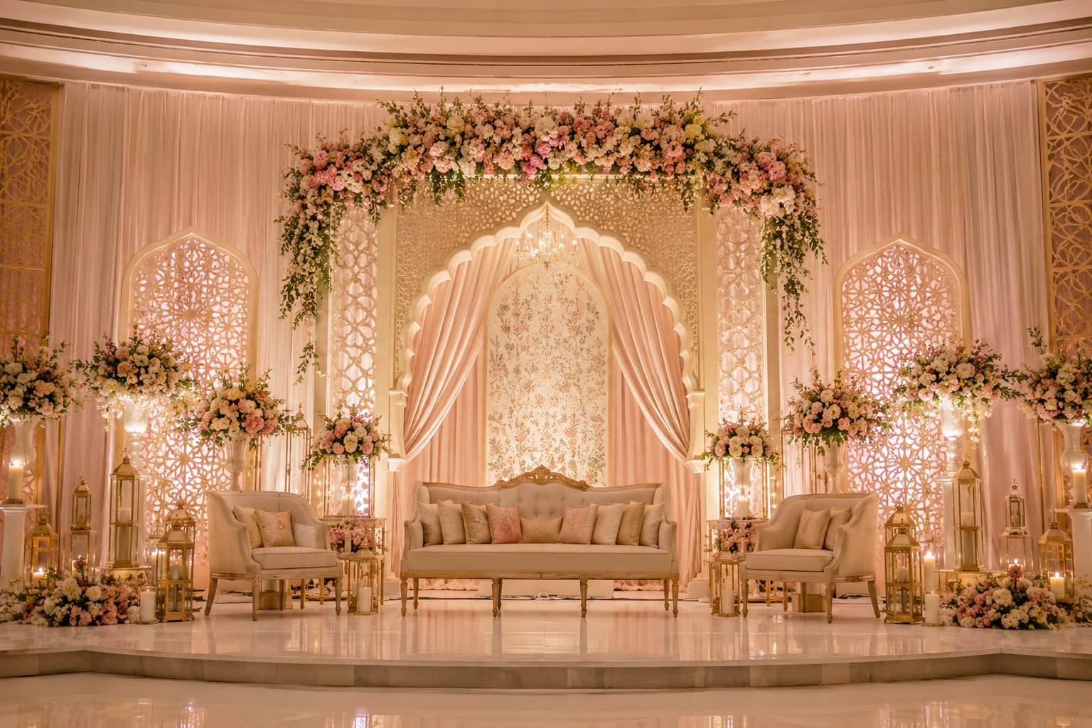 Latest wedding decoration ideas for Indian weddings in 2026 featuring a luxury floral stage, elegant lighting, and modern wedding décor.