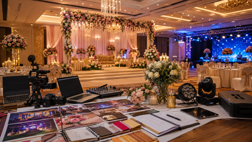 Premium event decoration setup in a luxury banquet hall in Gurgaon with floral stage backdrop, chandeliers, draped fabric, table decor, lighting equipment, camera setup, and event planning materials.