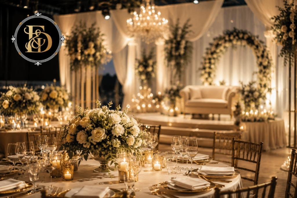 Luxury wedding event decoration by a professional event management company featuring elegant floral stage, chandeliers, and premium banquet setup.