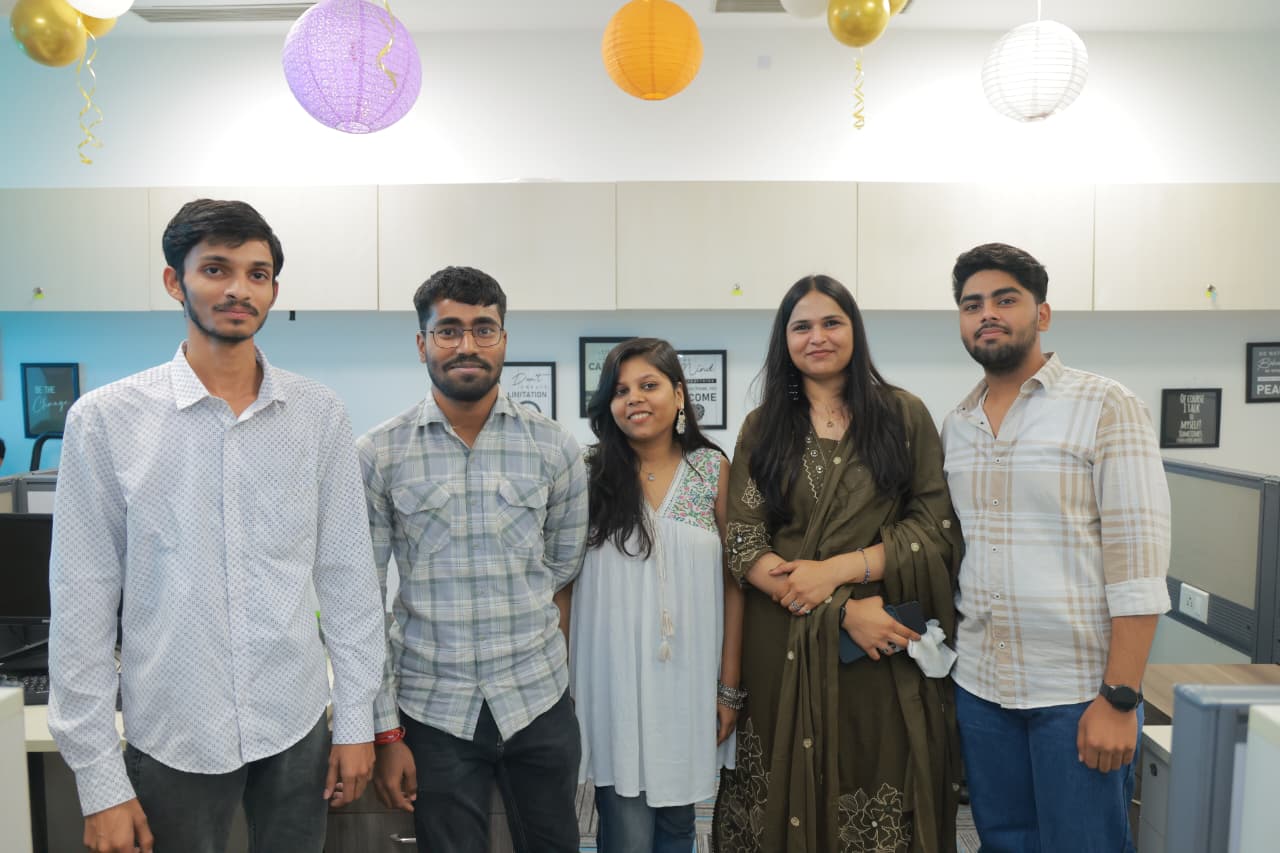 Five team members of Eventalist and Decor standing together under festive hanging lanterns, next to an introduction text titled 