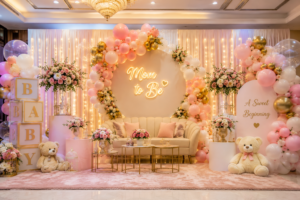 Baby Shower Decoration Cost in Delhi NCR with elegant pastel balloon theme and premium event setup