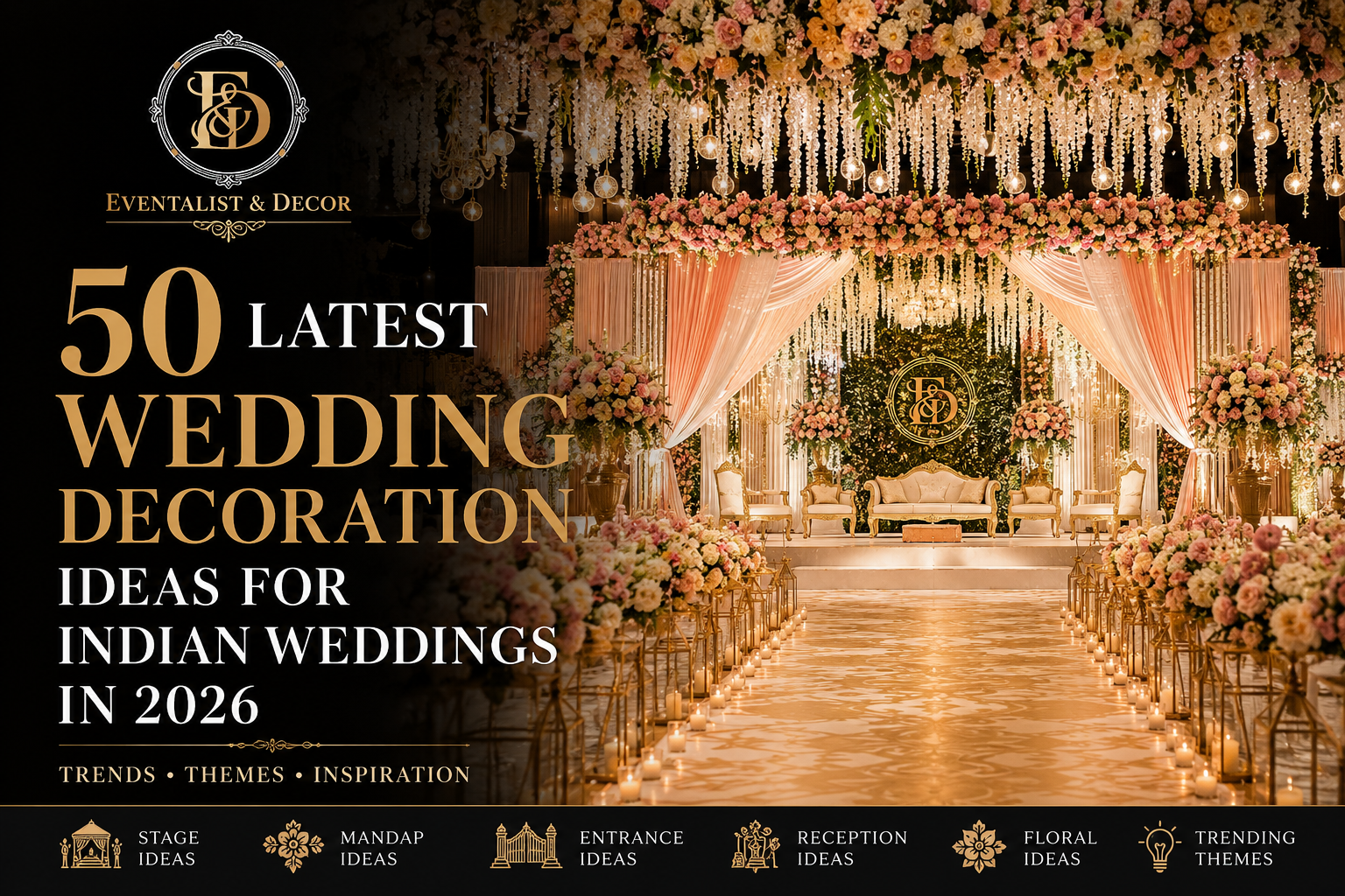 Latest wedding decoration ideas for Indian weddings in 2026 featuring a luxury floral stage, elegant lighting, and modern wedding décor.