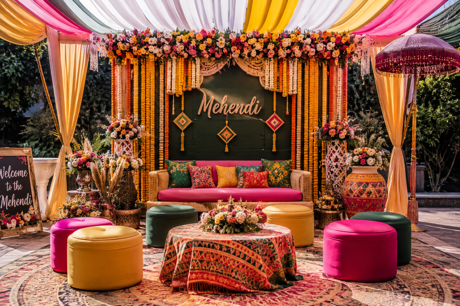 Mehendi ceremony decoration with colorful floral backdrop, marigold garlands, vibrant drapes, and boho-style seating for a festive Indian wedding.